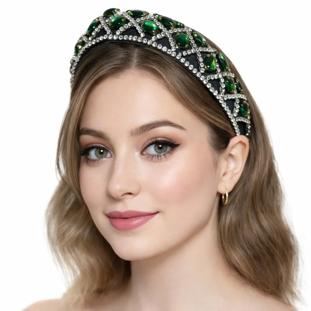 Set of 2 Jeweled Headbands Black Velvet Emerald Green Rhinestone Luxe Glam
